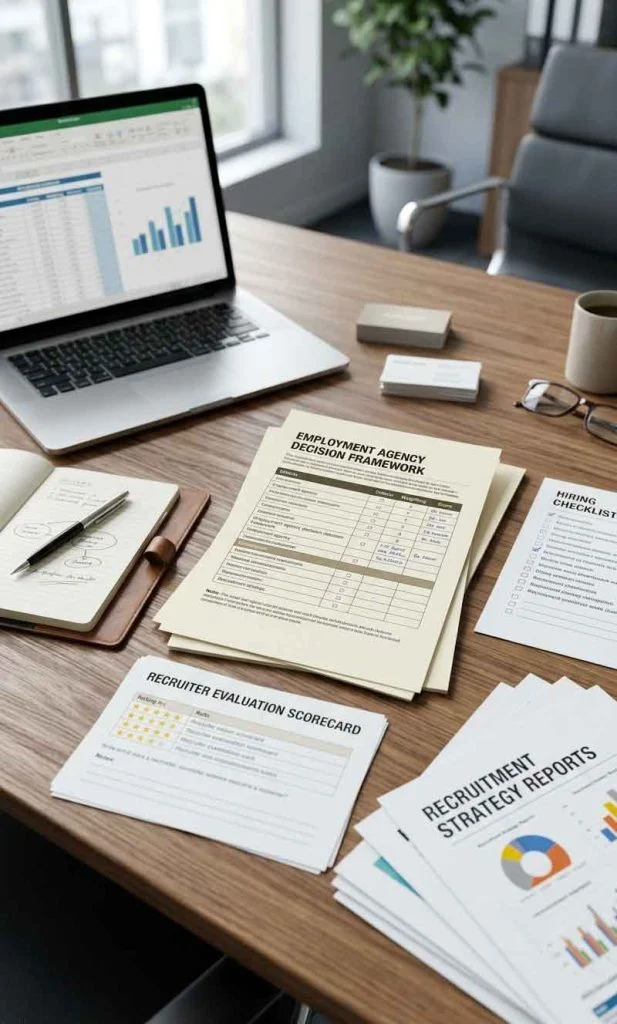 Professional recruitment decision workspace with agency selection framework, hiring checklist, comparison reports, and final recruitment strategy documents.