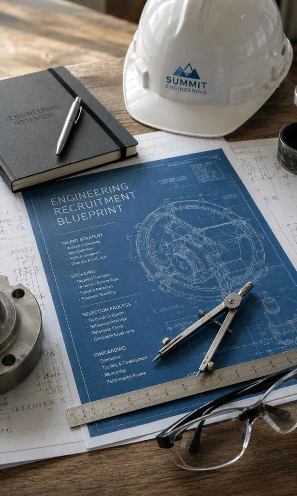Engineering recruitment blueprint surrounded by drafting tools, safety equipment and technical documents.