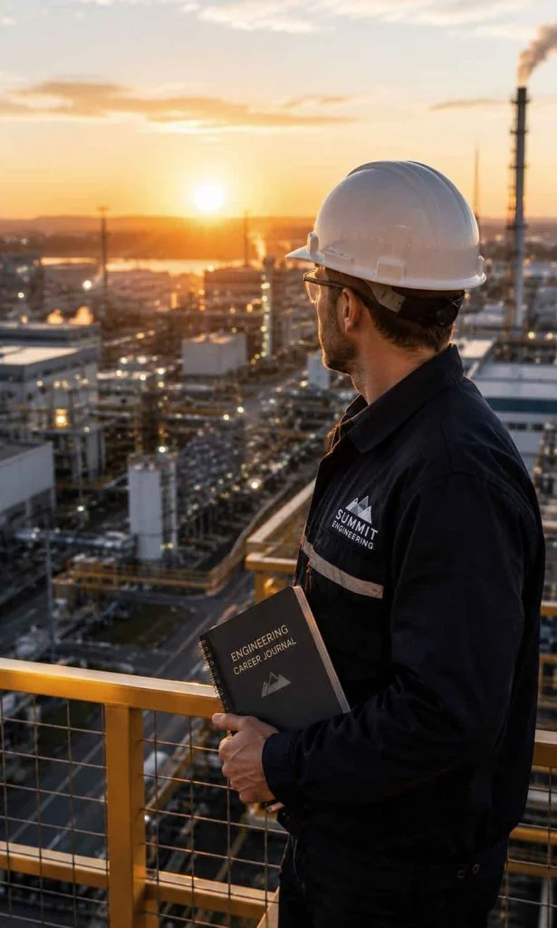 Engineer overlooking a large industrial facility at sunrise, representing long-term engineering career growth.