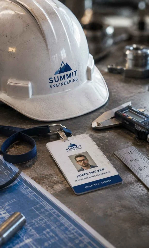 Close-up of an engineering hard hat, safety badge, blueprint and precision measuring tools on a workbench.