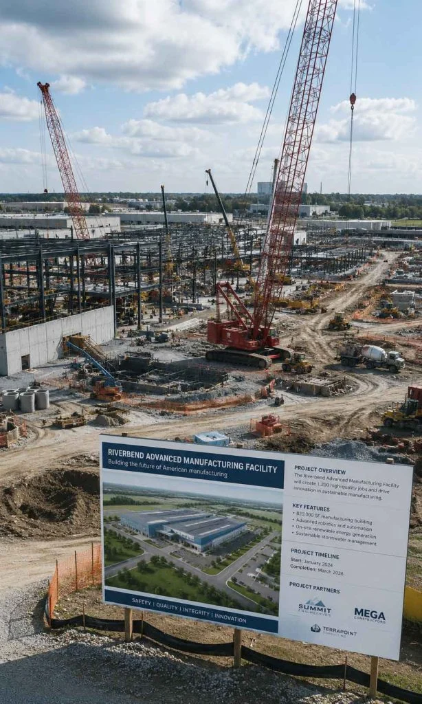 Drone view overlooking a large engineering construction site with multiple project zones.