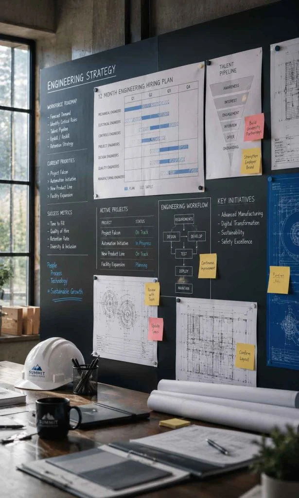 Large engineering project planning wall showing recruitment roadmap, project phases and department responsibilities.
