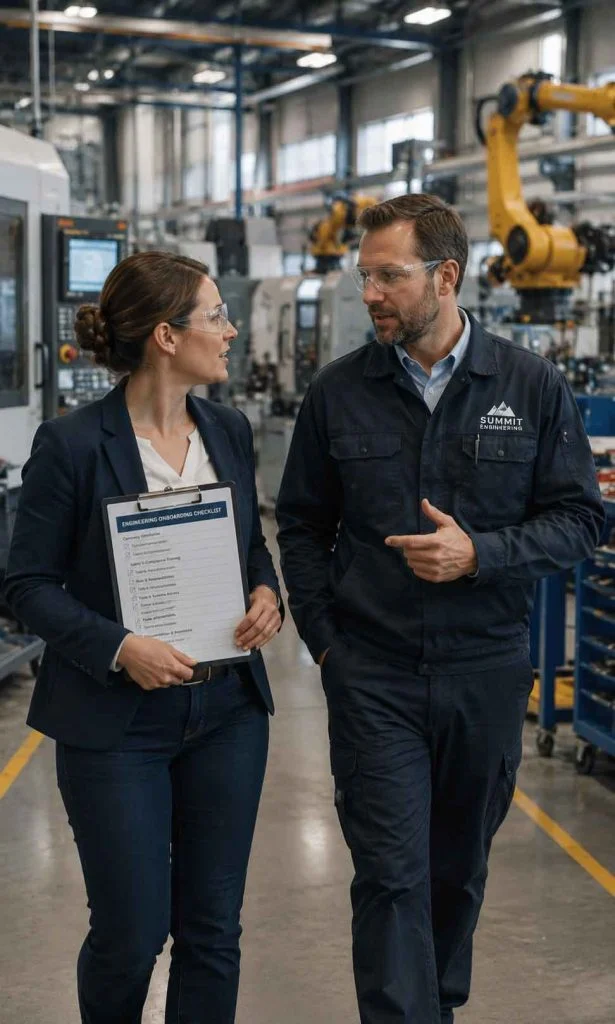 Engineering recruiter walking with an engineer through a modern manufacturing production line during a project discussion.