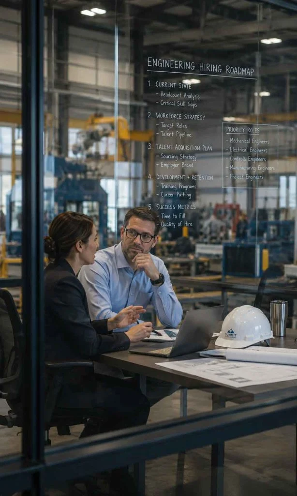 Engineering recruitment strategy meeting inside a glass conference room overlooking an active manufacturing facility.