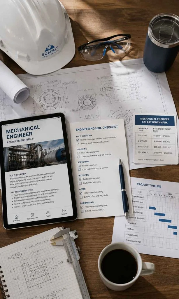 Engineering recruitment workspace with blueprint, hard hat, safety glasses and technical checklist.