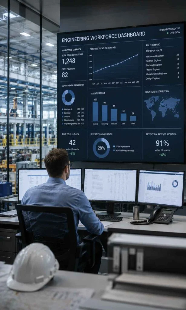 Engineering workforce operations centre displaying project staffing analytics and recruitment dashboards.