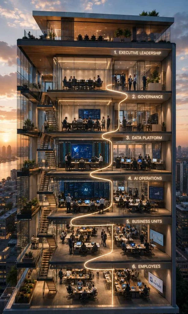 Transparent enterprise headquarters revealing governance and AI operating together