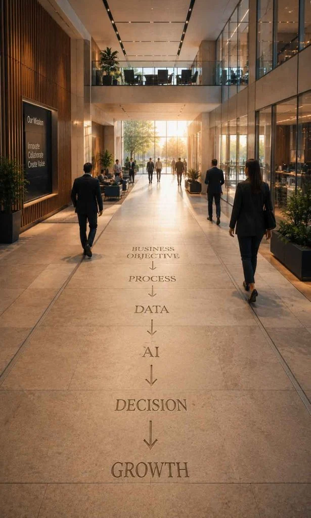 Executive walking through enterprise AI transformation corridor