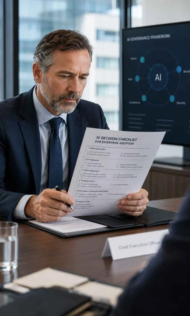 Executive reviewing AI reporting decision checklist