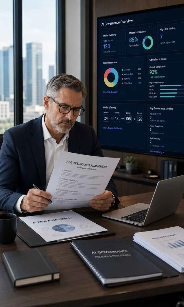 Executive reviewing AI governance documents and reporting framework