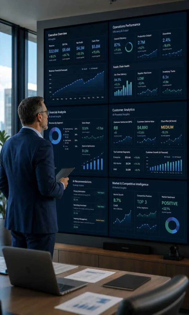 Executive comparing business KPIs across multiple AI dashboards