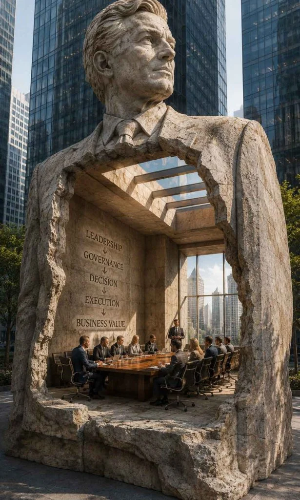 Monumental executive sculpture transformed into an active strategic boardroom