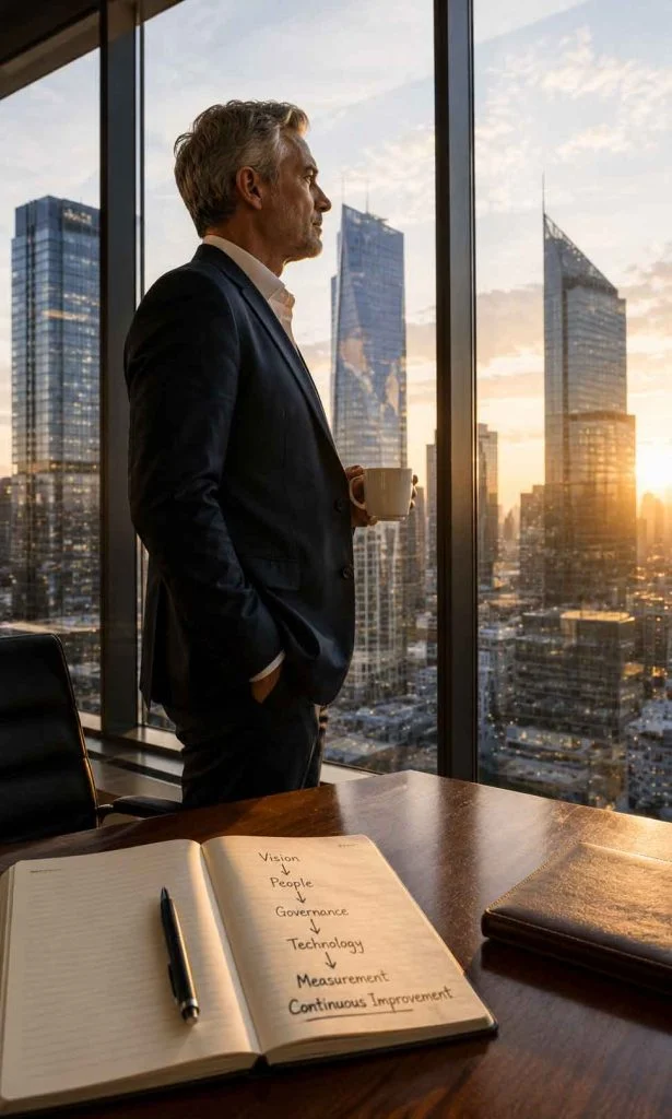 Executive reflecting quietly before sunrise about enterprise AI strategy