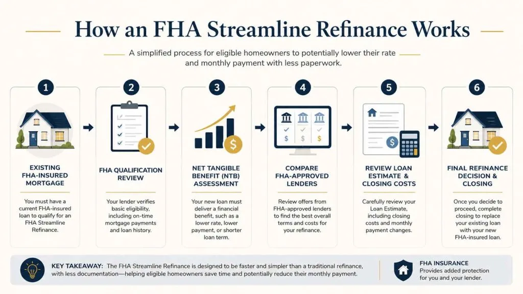 FHA Streamline Refinance process showing eligibility review, lender comparison, loan estimate, and closing