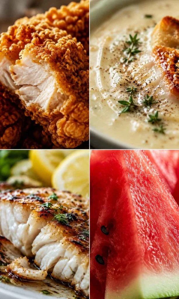 Different food textures demonstrating how the brain recognises crispness, creaminess, juiciness and flakiness