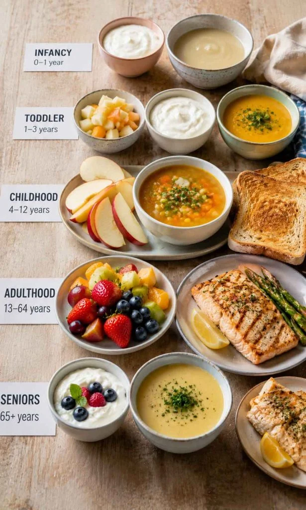 Selection of foods with different textures suitable for various age groups