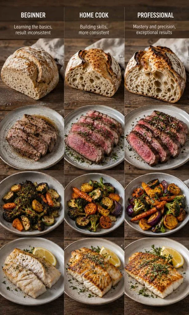 Progressive cooking results showing increasing food texture mastery