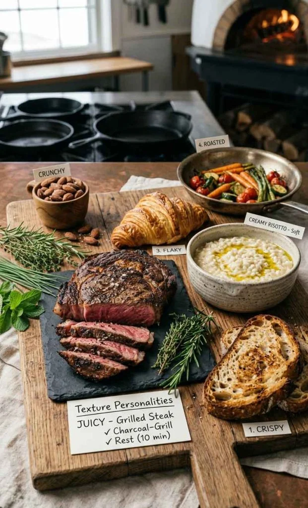 Food selection representing different texture personalities from crispy to creamy