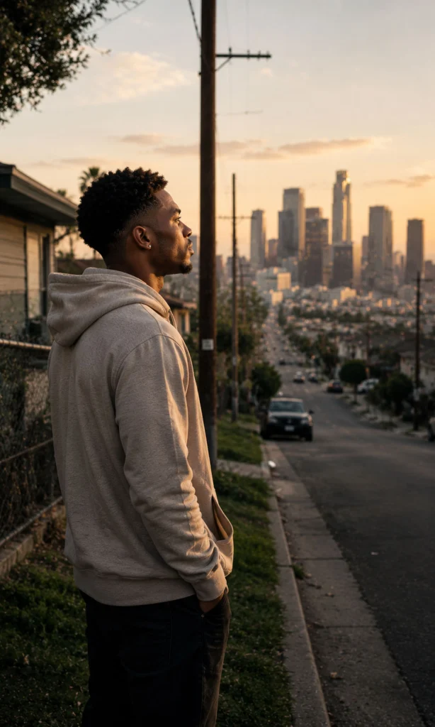 Young man looking toward a downtown skyline