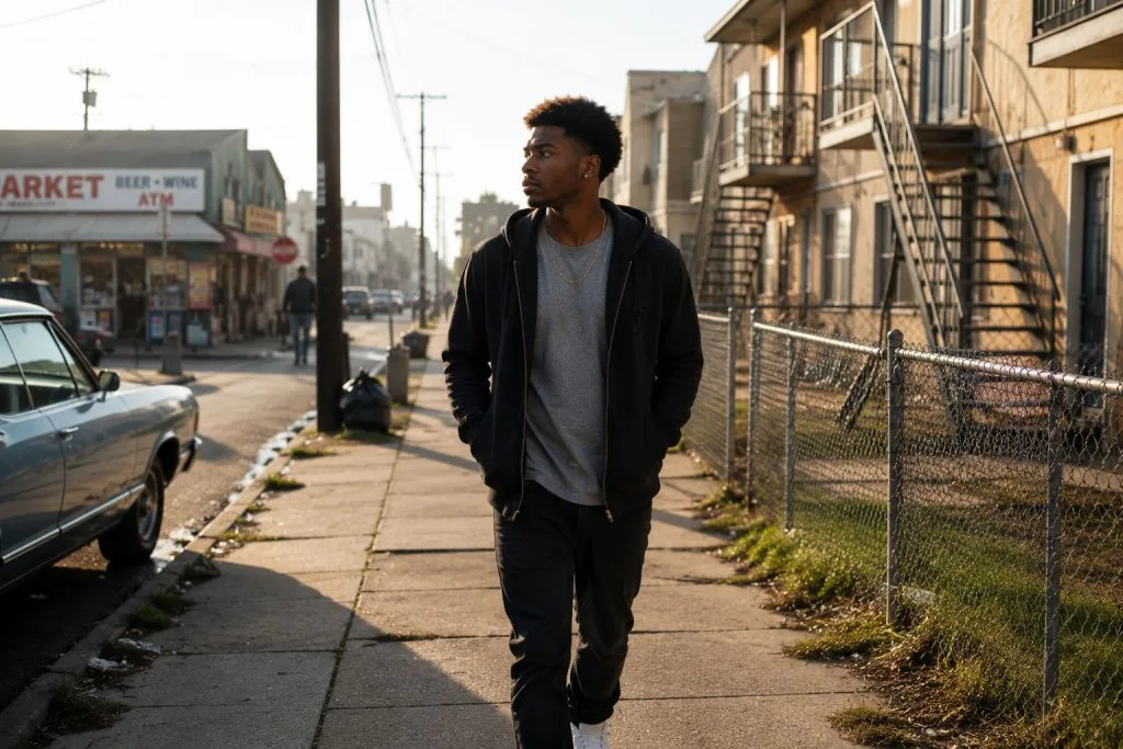 Young man walking through an older urban neighbourhood