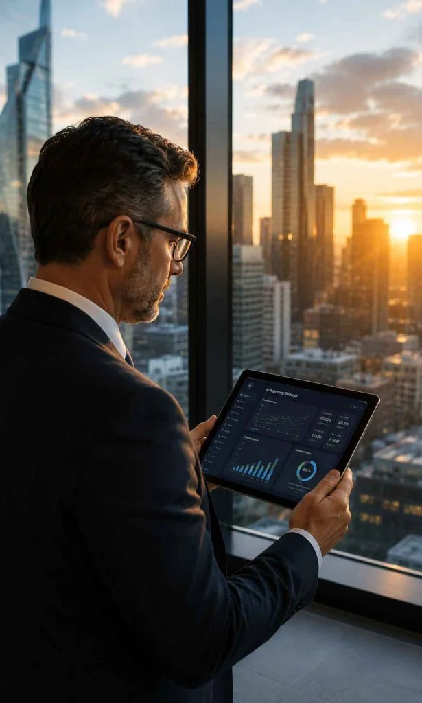 Business leader confidently reviewing future enterprise AI reporting strategy