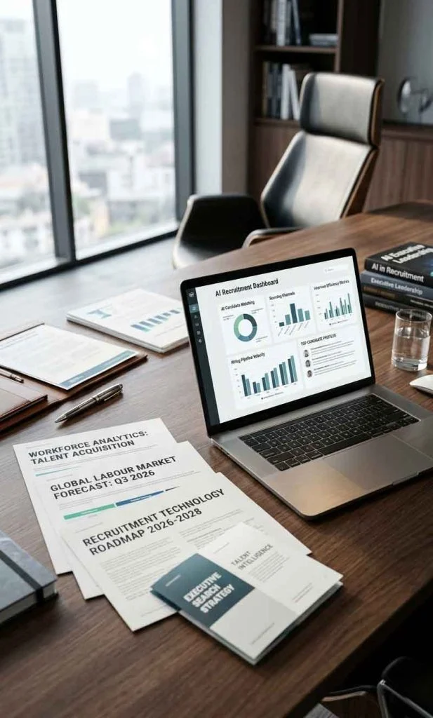 Modern recruitment intelligence workspace displaying AI hiring dashboard, workforce analytics reports, labour market forecasts, and future recruitment planning documents.