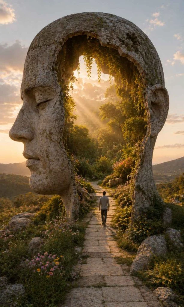 Monumental stone head opening to reveal a flourishing botanical garden representing psychological recovery