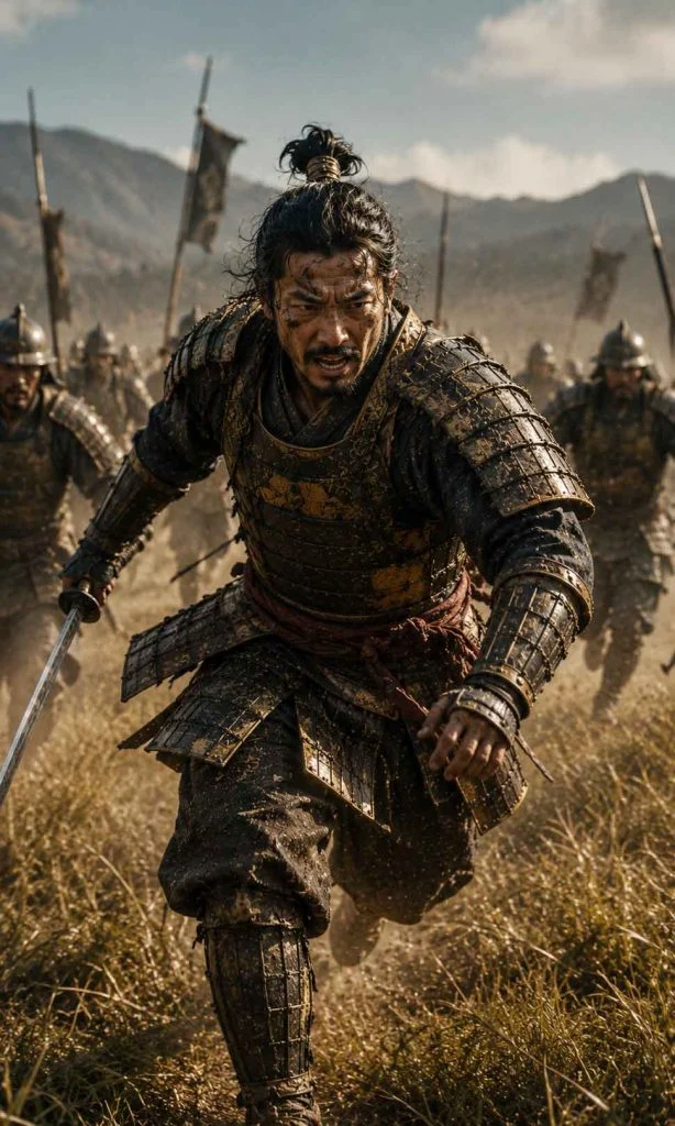 Armoured samurai charging into open battle against several enemy warriors