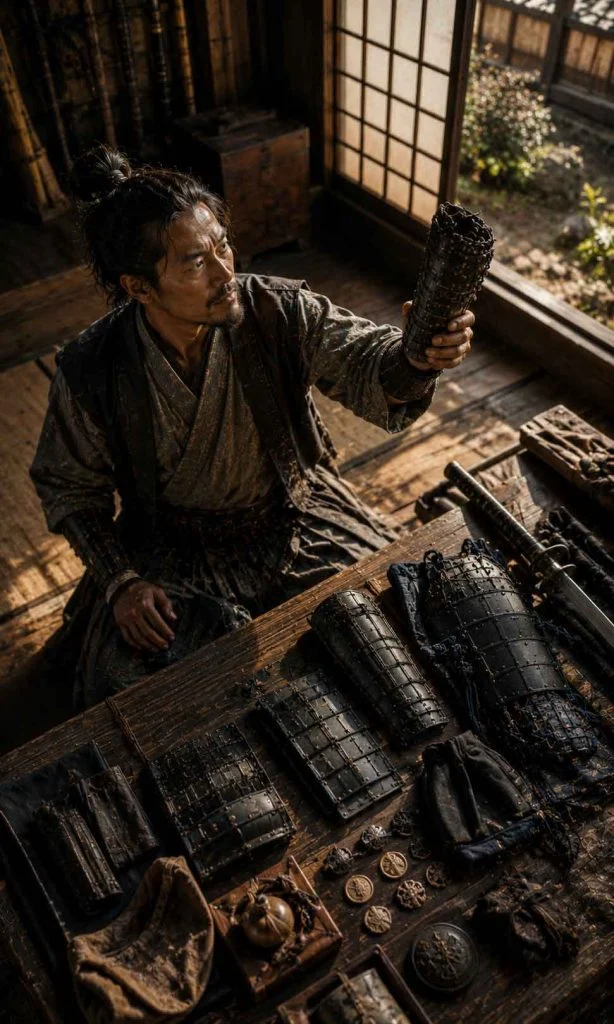 Samurai preparing different armour and equipment combinations before the next journey