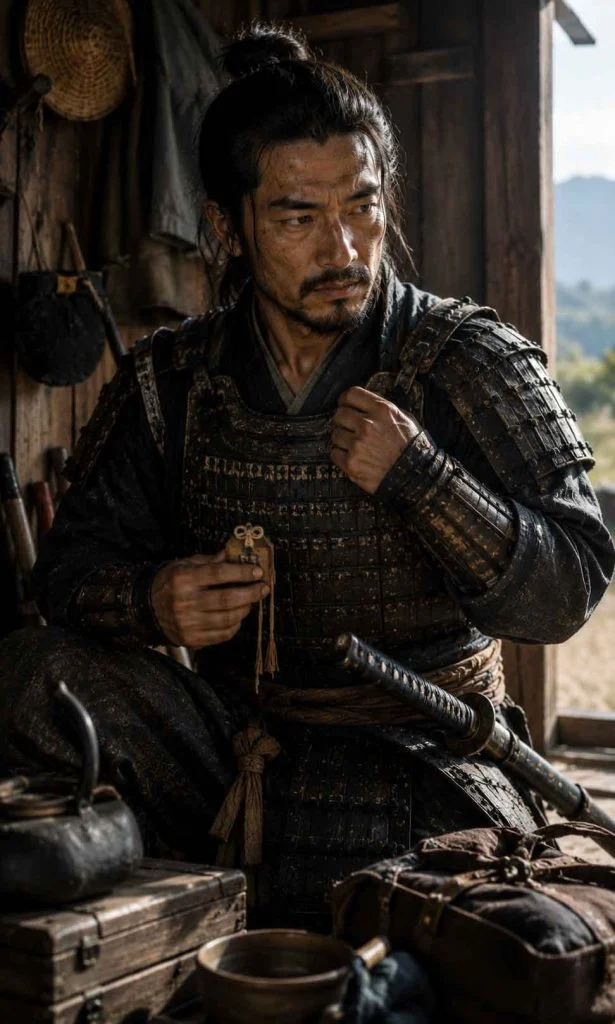 Samurai adjusting armour and protective charm before a difficult battle