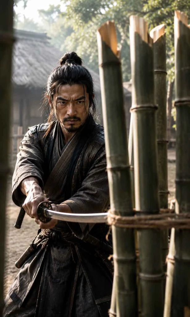 Focused samurai preparing for a bamboo cutting challenge