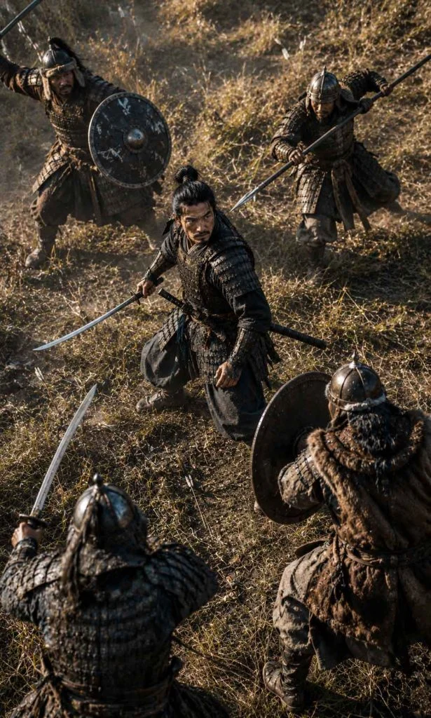 Samurai surrounded by enemies with swords shields and spears during battle