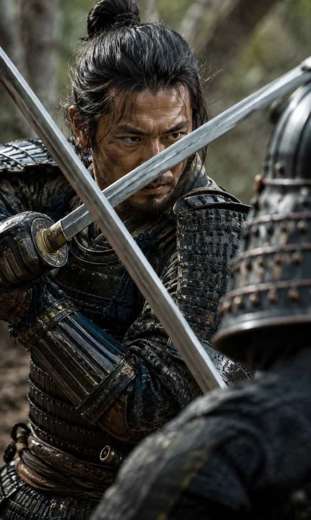 Samurai preparing to parry an enemy sword attack at close range