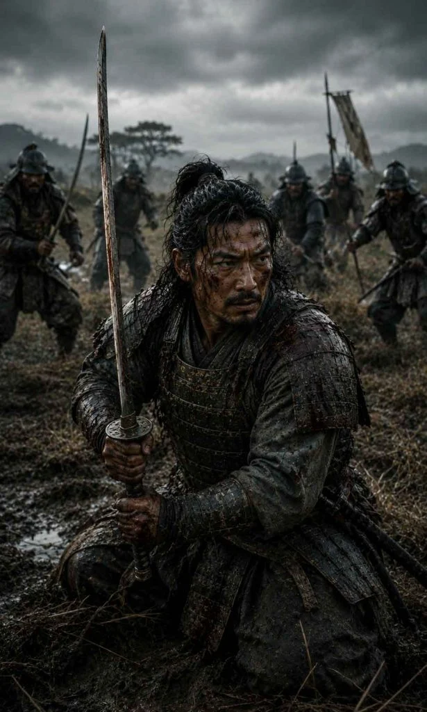 Armoured samurai recovering defensively while facing several approaching enemies