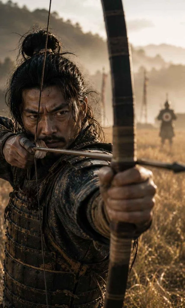 Armoured samurai archer drawing a bow while tracking an enemy target