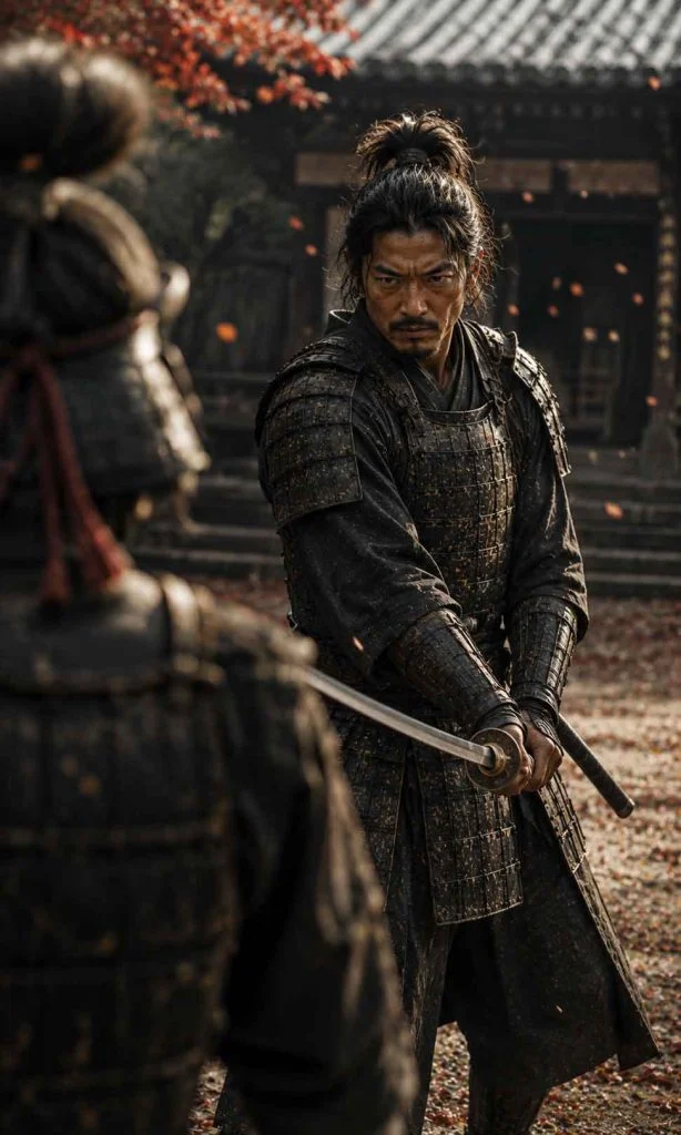 Two armoured samurai facing each other before a tense one-on-one sword duel