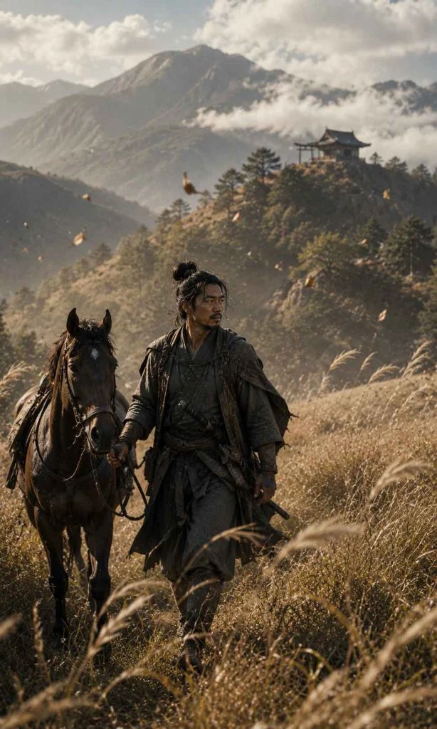 Travelling samurai exploring a windswept landscape while following a distant landmark