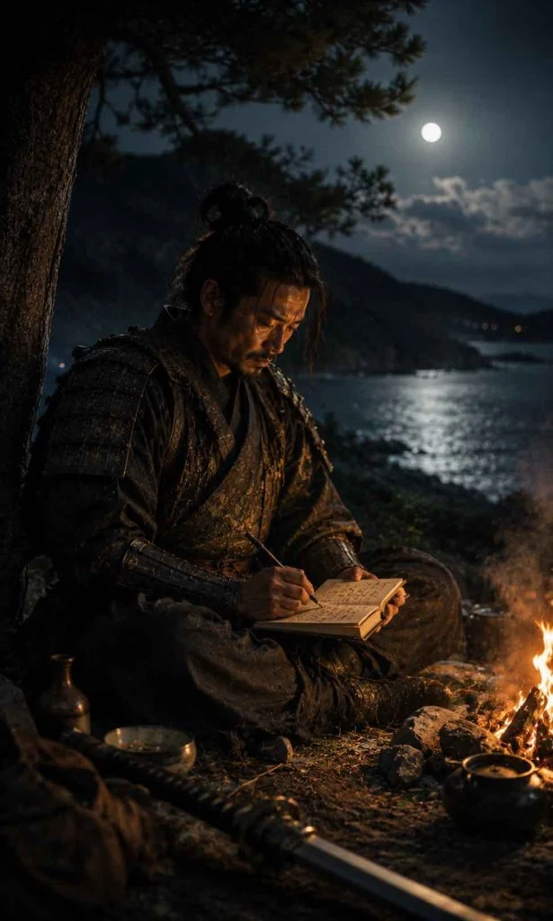 Samurai writing in a travel journal beside a peaceful campfire