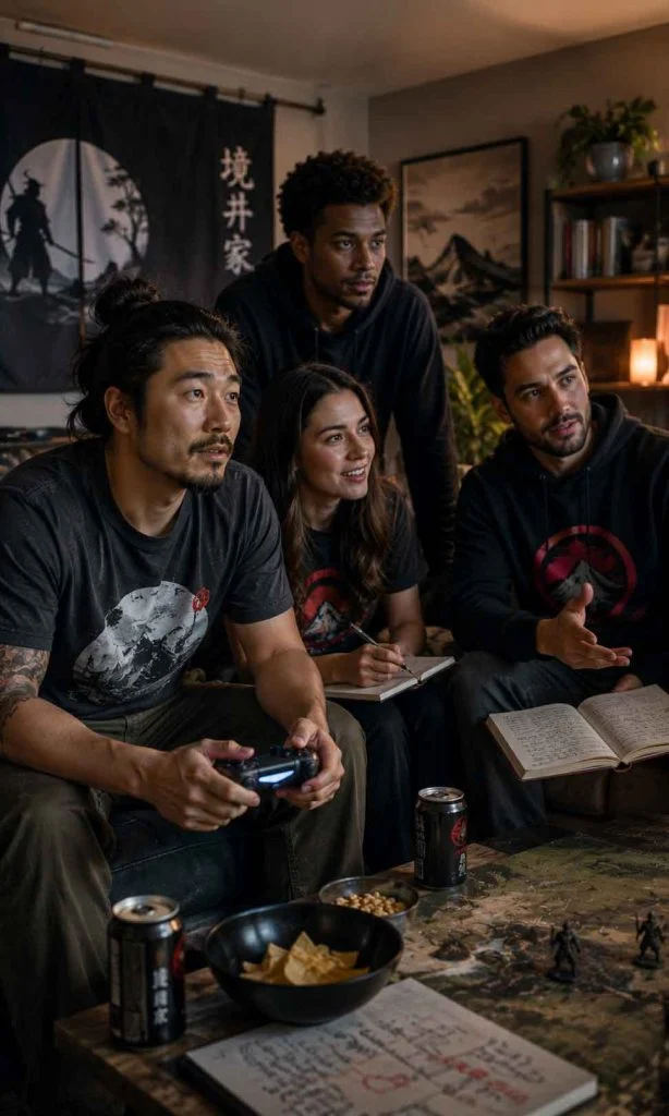Gaming enthusiast planning a Ghost of Tsushima adventure using maps and handwritten notes
