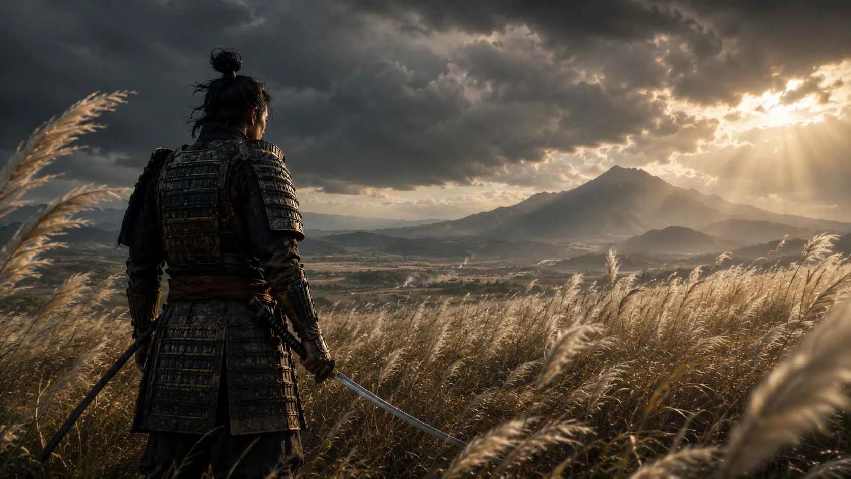 Samurai standing in golden pampas grass before a dramatic duel during sunset