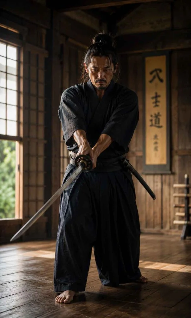 Experienced samurai practising disciplined sword techniques inside a traditional dojo