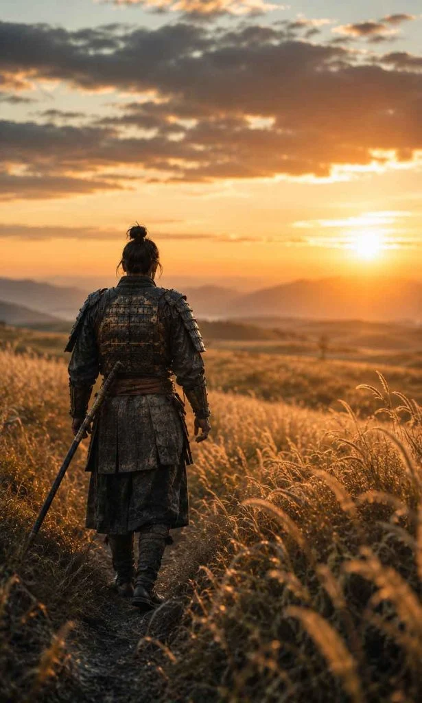 Lone samurai walking toward the sunrise after completing a long journey