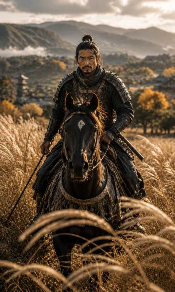 Confident samurai riding through golden grass after learning the fundamentals of his journey