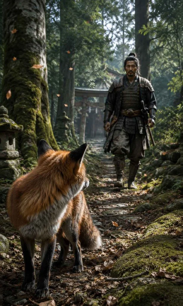 Fox looking back at a samurai on a forest trail in Tsushima