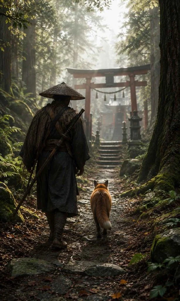 Wild fox leading a samurai through a peaceful forest trail