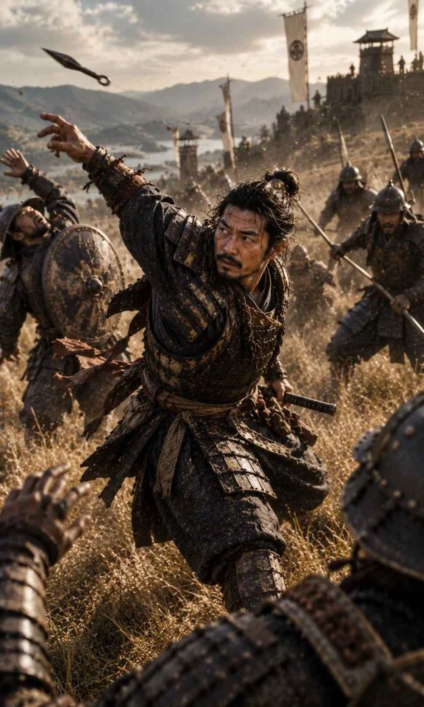 Samurai using a tactical throwing weapon to disrupt several enemies before attacking