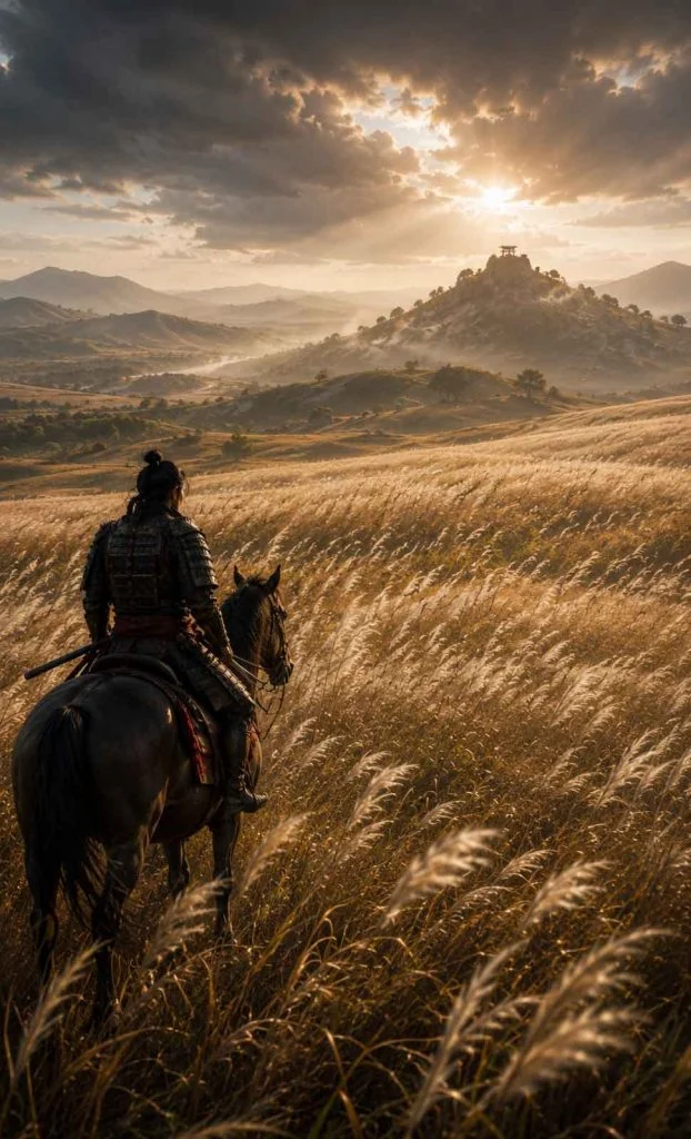 Samurai riding through golden grass guided by the natural wind