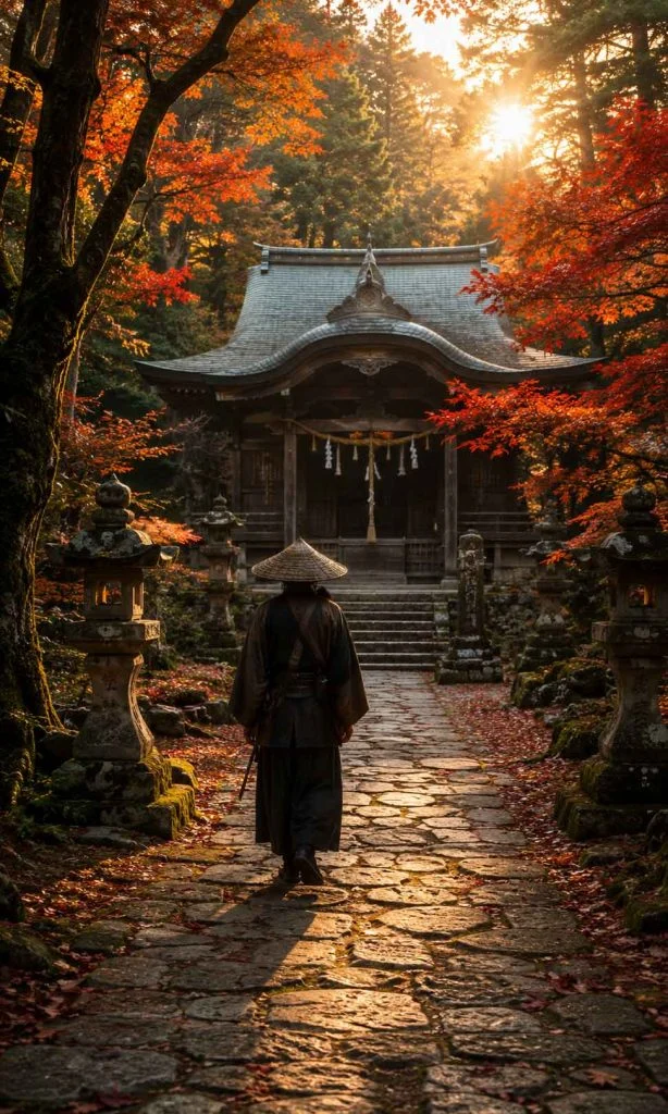 Ancient Shinto shrine hidden within a peaceful maple forest