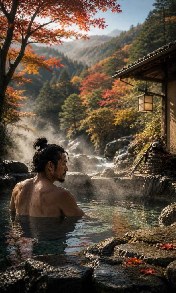 Historical samurai relaxing in a secluded mountain hot spring surrounded by autumn trees
