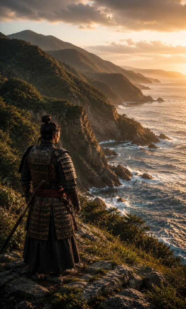 Historical samurai overlooking a dramatic island coastline at sunset